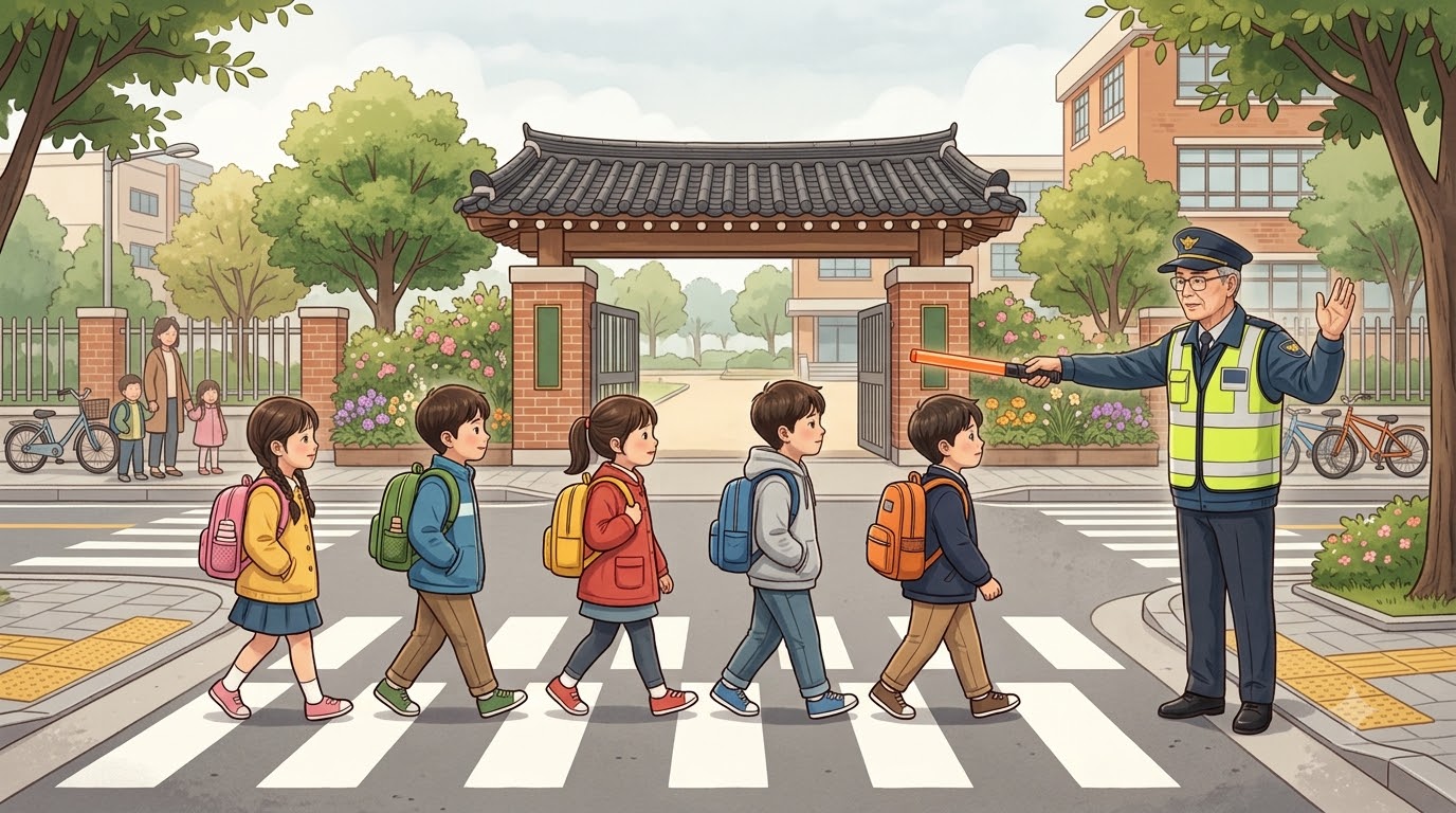 학교 정문에서 등교하는 학생들을 살피는 배움터지킴이
