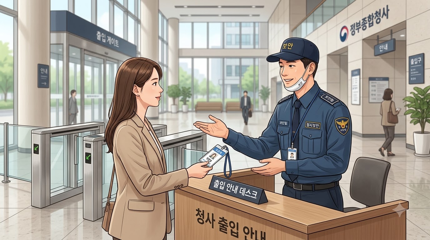 관공서 청사 입구에서 출입을 확인하는 방호 근무자
