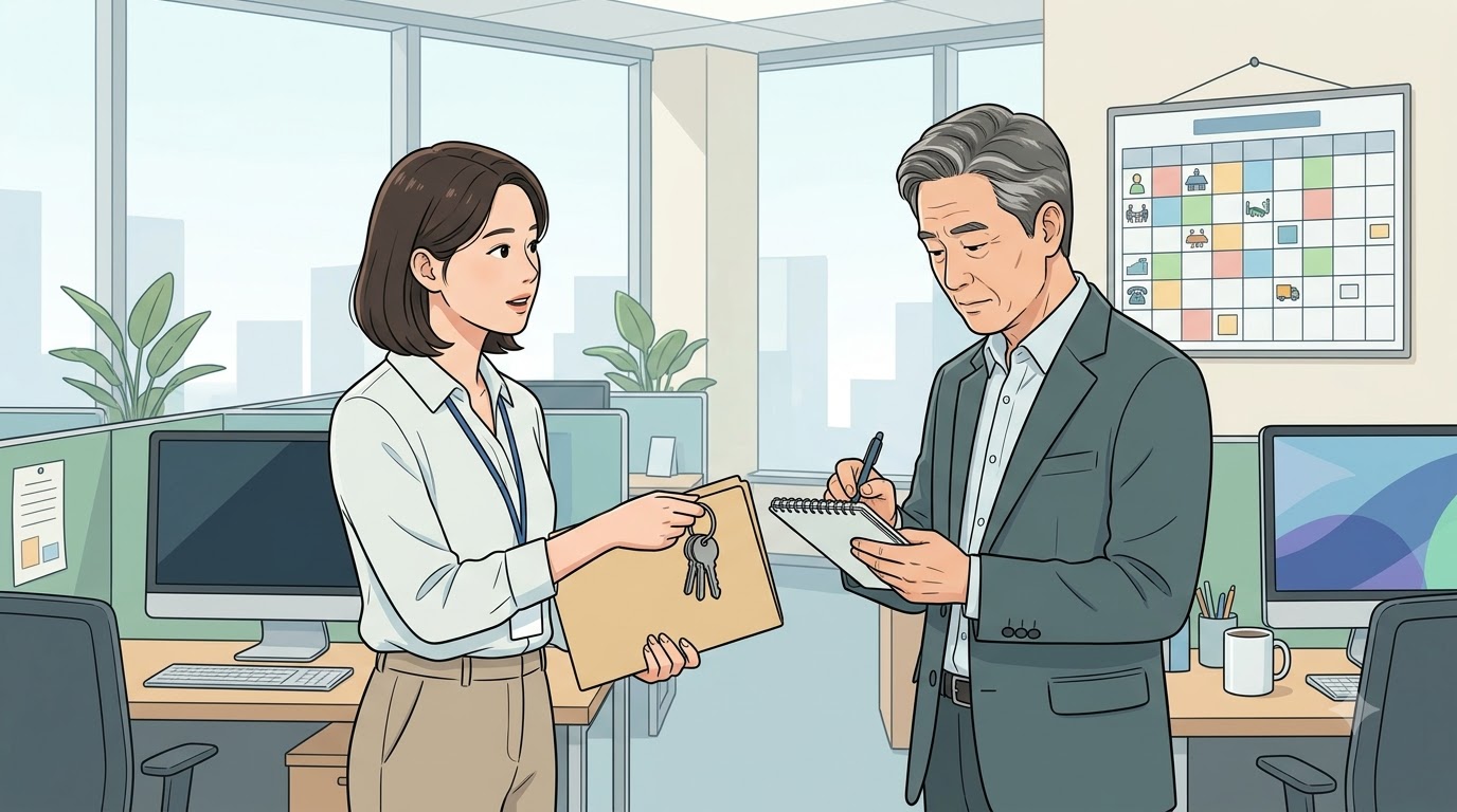 새 근무지에서 인수인계를 받는 모습