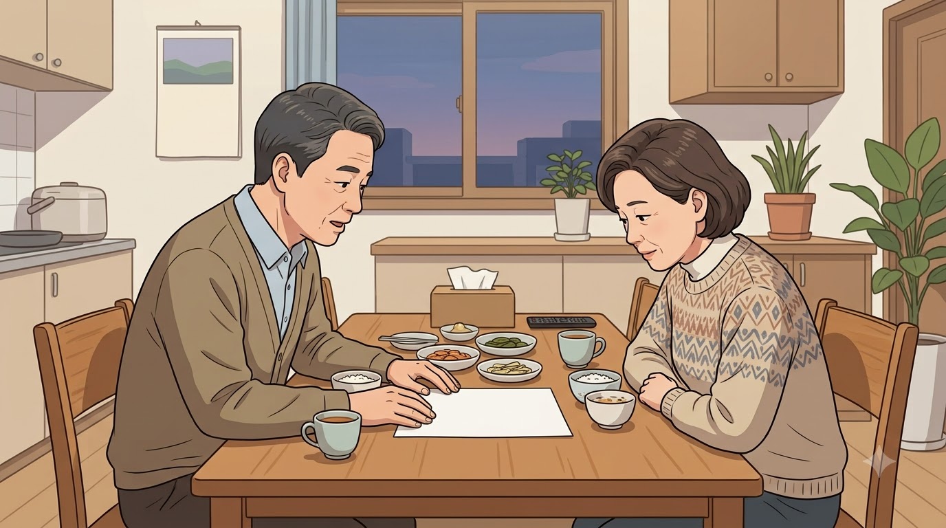 식탁에 마주 앉아 이야기하는 중년 부부
