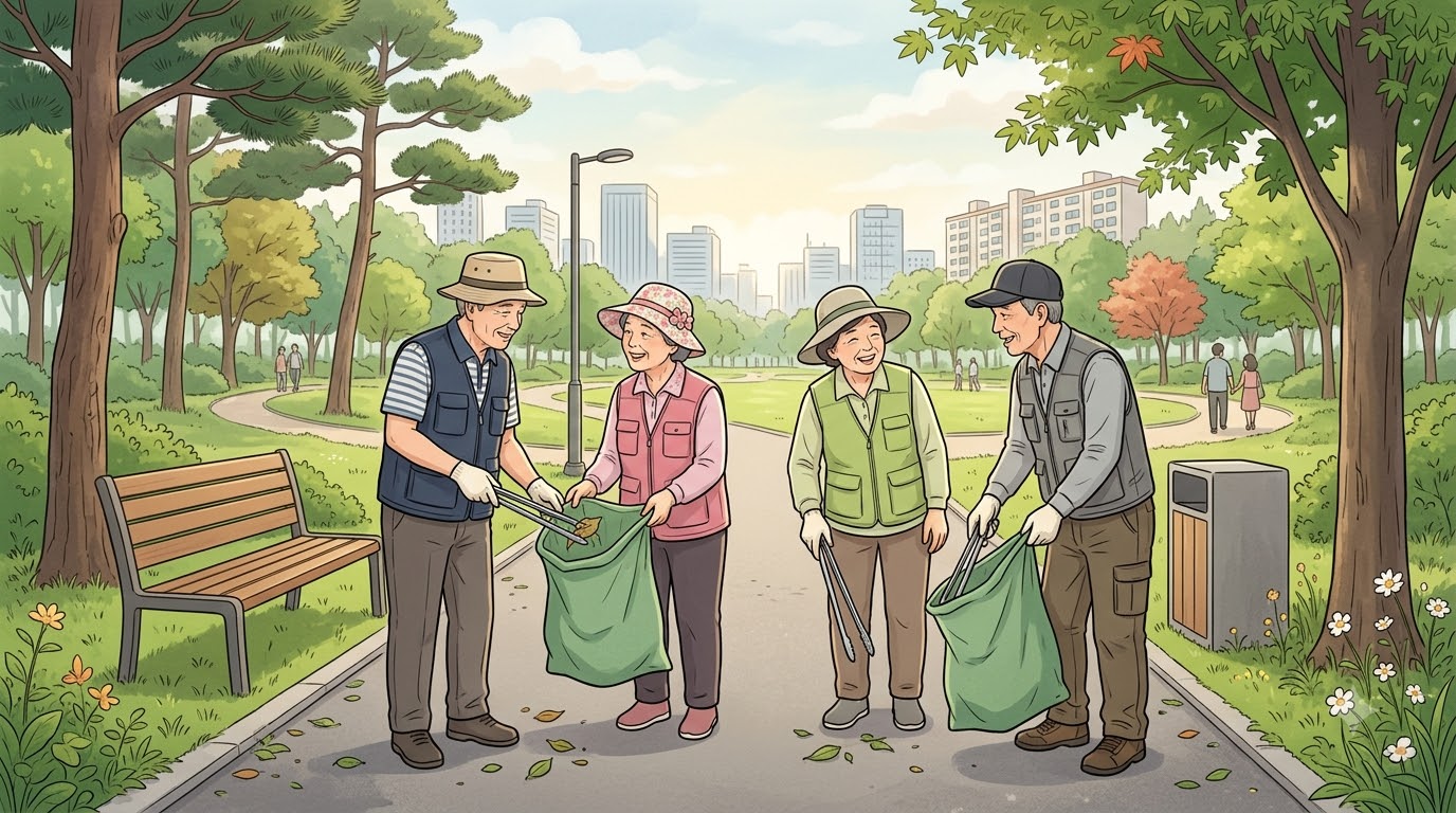 공원에서 환경 정비 활동을 하는 노인일자리 참여자들