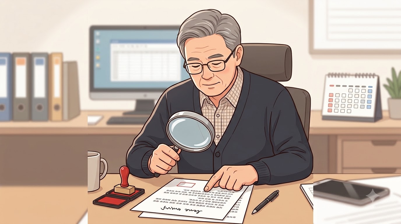 근로계약서를 돋보기로 살펴보는 모습