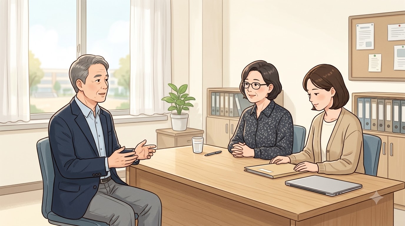 학교 행정실에서 면접을 보는 지원자