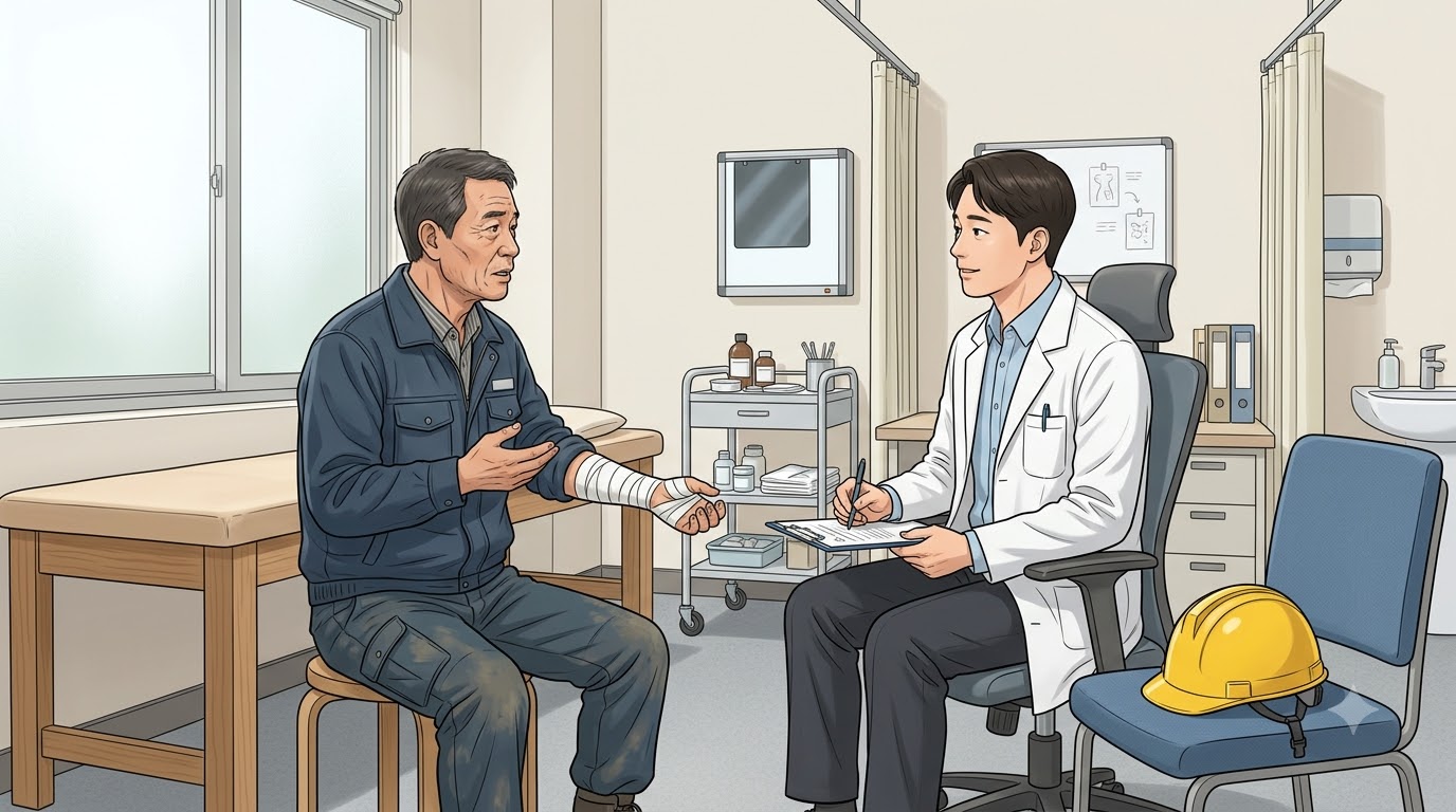 작업 중 부상으로 치료받는 근로자