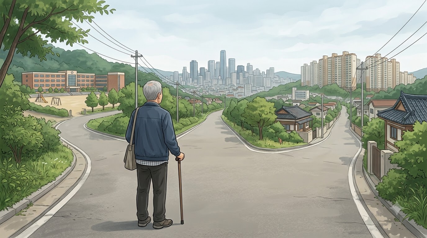 여러 갈래 길 앞에 선 중년 남성