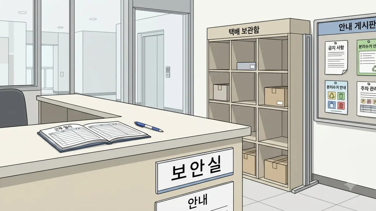 경비실 창구의 근무일지와 택배 선반