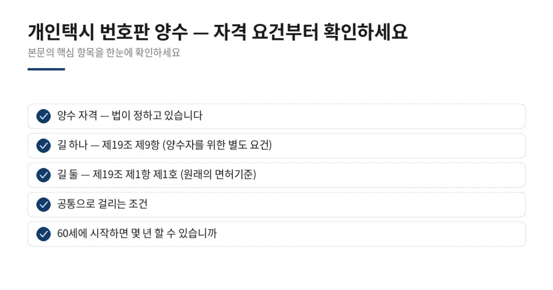 이 글에서 확인할 내용: 양수 자격 — 법이 정하고 있습니다, 길 하나 — 제19조 제9항 (양수자를 위한 별도 요건), 길 둘 — 제19조 제1항 제1호 (원래의 면허기준), 공통으로 걸리는 조건, 60세에 시작하면 몇 년 할 수 있습니까